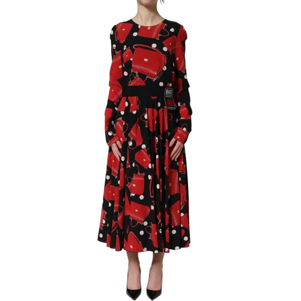 Dolce & Gabbana Black Handbag Print Long Sleeve Midi Women's Dress